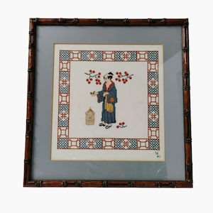 Vintage Japanese Embroidery Cross Stitch Framed Asian Art 1980 Bamboo Frame Man Holding Bird, Chinoiserie, Needlepoint
