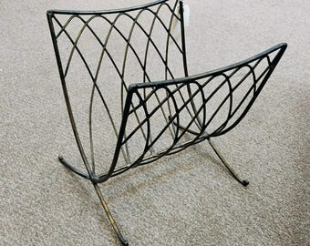 Mid Century Modern Wrought Iron Magazine Rack, 1950s Atomic Black Gold Lattice Newspaper Holder, Made in USA French Export Label, 13" MCM