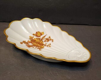 Limoges France Gold Trim Rose Scalloped Shell Trinket Dish, Vintage Relish Dish, Hollywood Regency Soap Dish, Victorian Spoon Rest