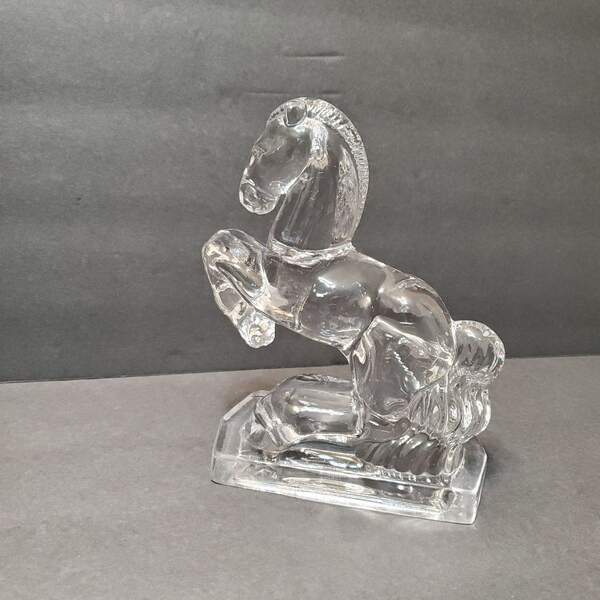 Glass Rearing Horse Statue / Bookend, Fostoria 1940s, Vintage Crystal Clear MCM