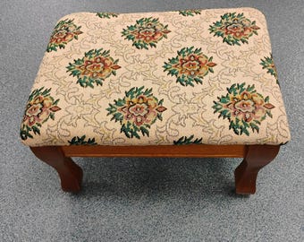 Vintage Wood Upholstered Foot Stool, Tapestry Cottage Core Riser French Ottoman Victorian Traditional