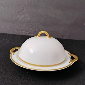 Antique Haviland Limoges Round Covered Butter Dish, Gold Trim China, Cheese Keeper, Regency Decor, Limoges Dinnerware, Vintage Butter Plate