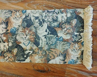 Vintage Cat Tapestry Table Runner With Fringe Edging, 64x12, Tan Cream Blue, Cat Lady Gift, Kitten Tablecloth, Dresser Scarf