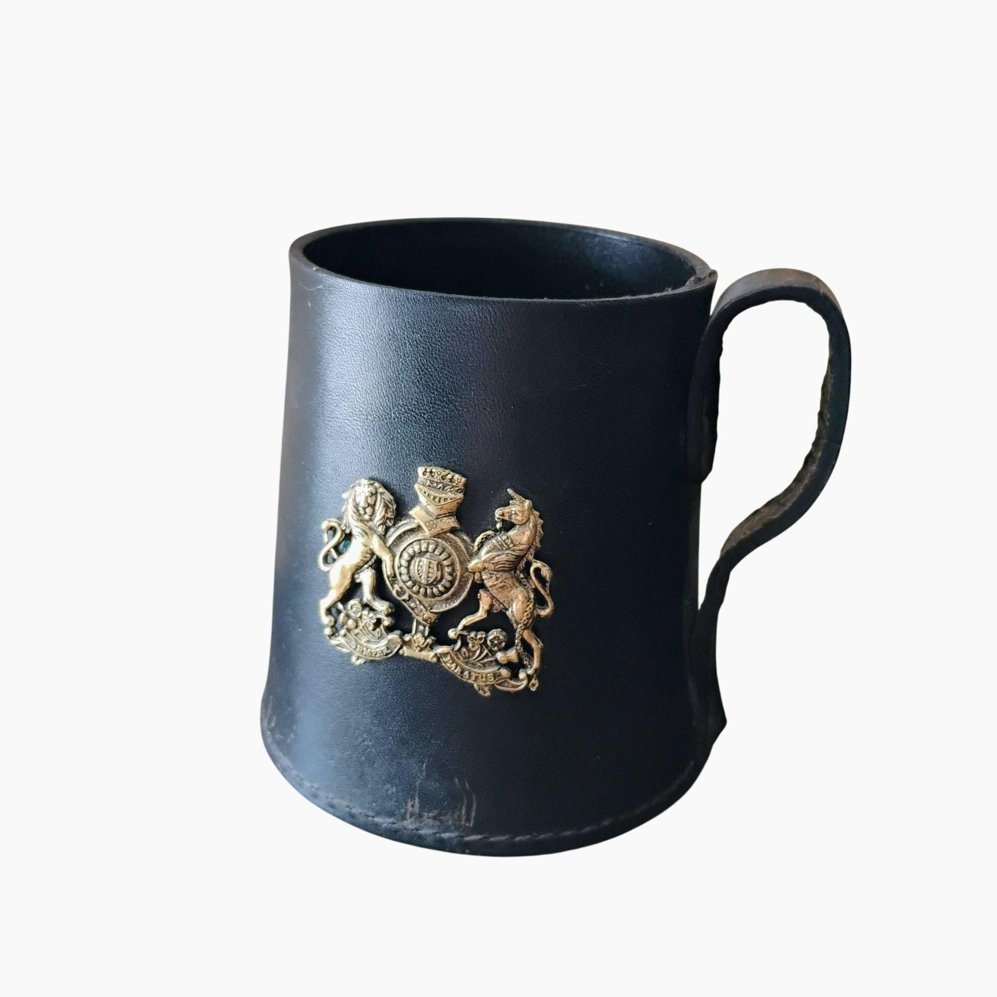 Vintage English Leather Tankard, Stein Beer Mug Holder, Brass