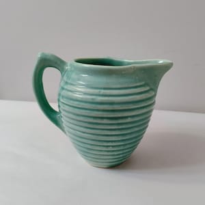 Early Vintage Ribbed Ringware Jade Ceramic Pitcher, Aqua Teal USA Pottery Creamer