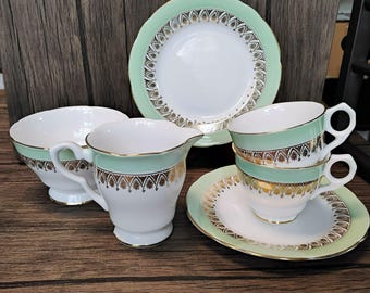 Royal Stafford Bone China England Tea Set Mint Green & Gold Trim 6-Piece Set Elegant Vintage Design Fine Porcelain