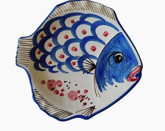 Vintage Solimene Vietri fiskformad tallrik, kustväggplakett, konstkeramik, handmålad i Italien, 9,5 tum italiensk keramikfat