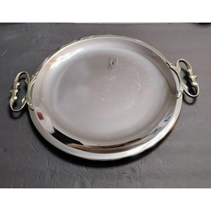 KROMEX Vintage Round Serving Platter, 16 inch Tray With Handles, Mid Century Chrome Barware, Kromex Tray, USA made, MCM Decor, Retro