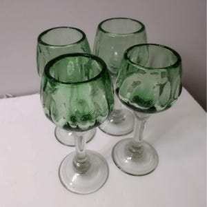 Four Vintage Mexican Blown Glass Wine Glasses, 7 inch tall, Green Goblets, Rustic Wine Glasses, Handcrafted, Southwestern Decor