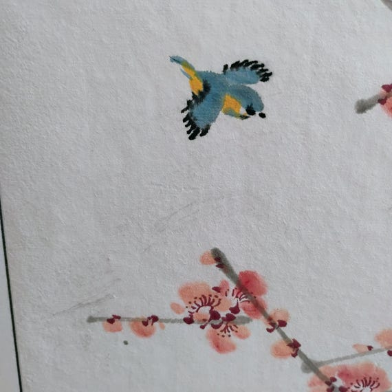 1977年 水彩画 中国 散水 梅の図 落款 ヴィンテージの中国風梅の花の絵画、サイン入り鳥のアート、水彩画（紙