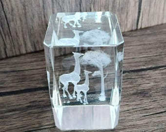 3D Laser Etched Giraffe Crystal Block, Mother & Baby Safari, Glass Cube Paperweight, Modern Desk Decor Gift