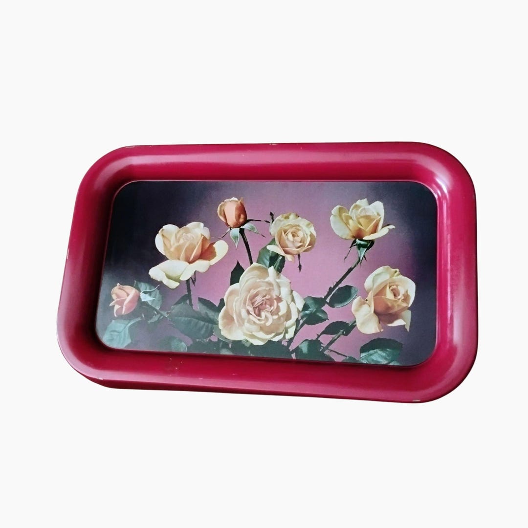 Vintage 14x9 Metal TV Serving Tray, Red Tin With Roses, Cottage