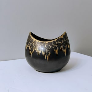 1960s Mid Century Modern German Pottery Vase 1278, Black and Gold, Vintage Planter, Abstract Design, Ceramic Modern Plant Pot