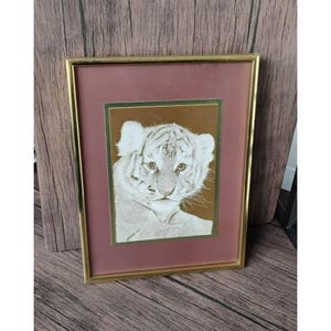Vintage Tiger Cub Framed Artwork In Gold Frame Signed Chaplan Wildlife Etching Art Print Decor