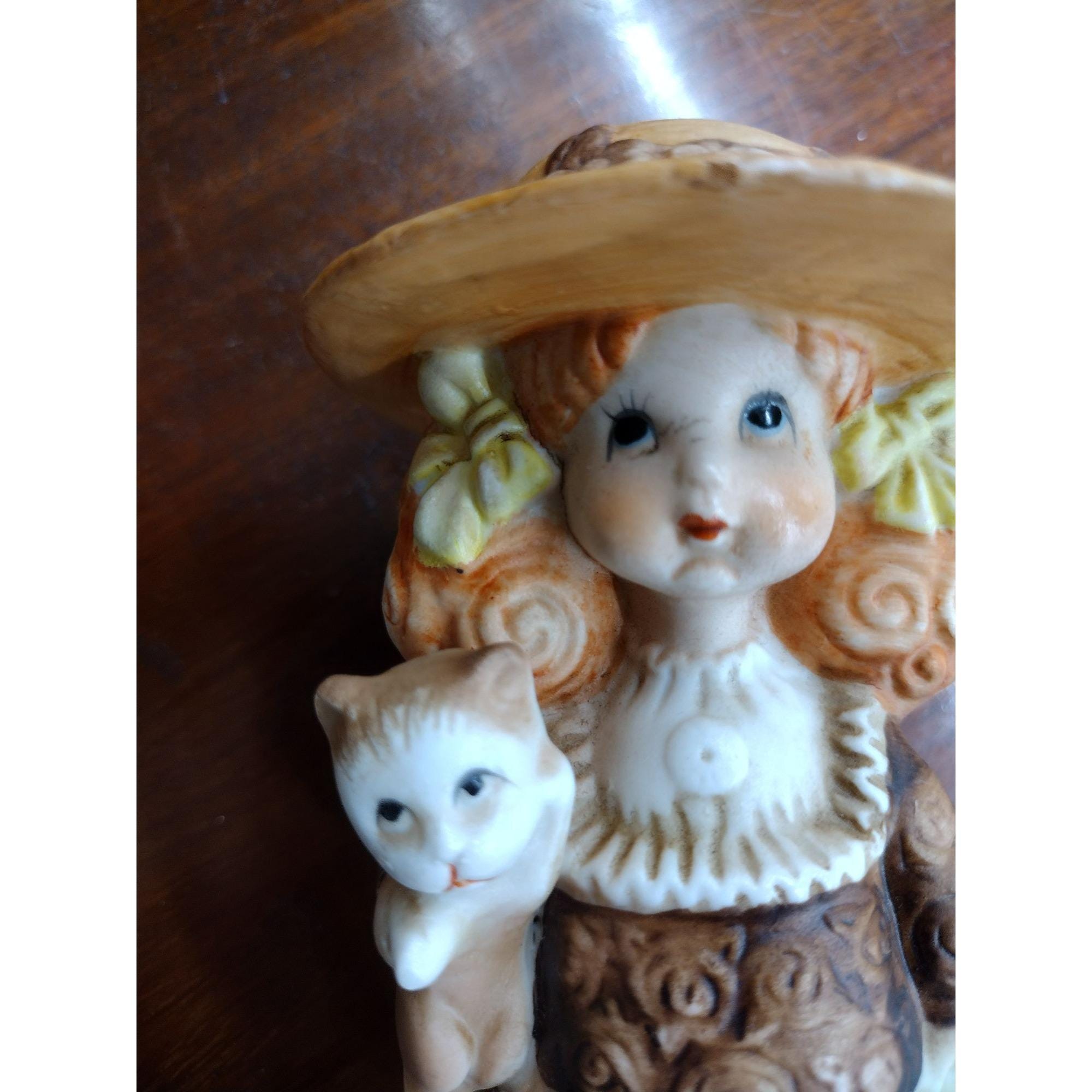 Vintage Ceramic Girl Figurine, Child in Prairie Dress and Hat