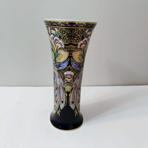 Kaiser Germany Karibik Porcelain Vase, Phoenix Bird on Cobalt Blue