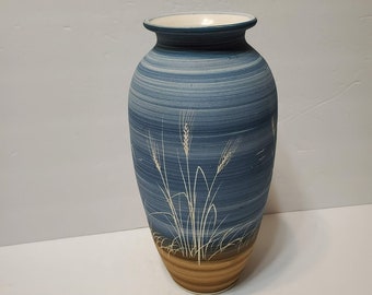 Large Studio Pottery Etched Vase, Hand Thrown, Kim Chapman, Ceramic, Blue Wheat, signed Pottery, Ceramic Vase, Wheat design