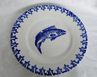 Vietri italiensk handmålad blå fisktallrik, 25 cm keramisk kuststrandhusdekor