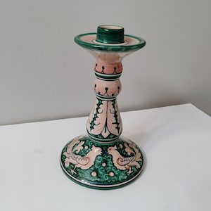 手描きのイタリア製陶器製キャンドルホルダー、鳥のモチーフ、緑とピンク、陶器製キャンドルホルダー、8インチキャンドルホルダー、地中海風装飾