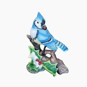 Vintage Blue Jay on Branch Figurine with Holly and Berries, 6 inch Ceramic Bisque Bird, Gift for Bird Lover, Blue Bird Figurine, Bird Statue