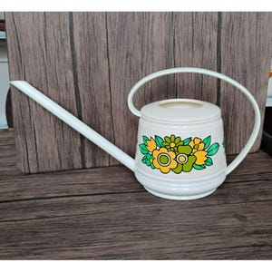 Vintage 1970s Emsa West Germany Plastic Watering Can, Retro Yellow Green Flower Power Floral Mid Century Modern Plant Pot Planter Decor