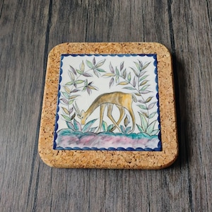 Handcrafted Ceramic Deer Tile Trivet With Cork, 8" Farmhouse Cottagecore Cabin