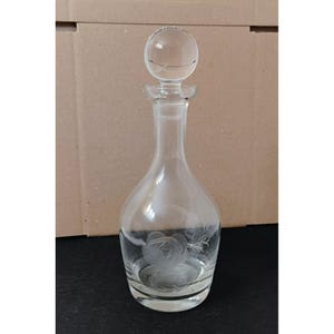 Vintage Glass Decanter With Etched Roses & Stopper, Floral Etching, Liquor Bottle