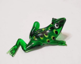 Green Glass Frog Figurine, Vintage Glass Animal, Whimsical Spotted Toad, Glass Frog, Glass Animal