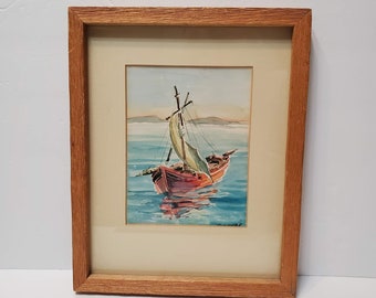 Original Framed Watercolor Painting, Signed, Ship at Sea, Nautical, Coastal Decor, Boat Painting, Vintage Watercolor, Ship Painting