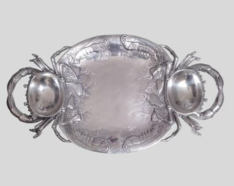 Arthur Court Crab Seafood Serving Platter, 1988, Silver Tone Metal, Aluminum, 24 inch Tray, Seafood Platter, Arthur Court Aluminum, Vintage
