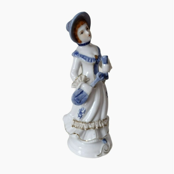 Vintage Porcelain Victorian Woman, Lady Musician Figurine, Blue and White China, Ceramic Lace, Victorian Style, Vintage Decor