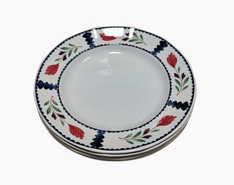 Juego de 4 platos llanos Adams China Lancaster, loza inglesa, fabricados en Inglaterra, diseño floral blanco, rojo y azul.