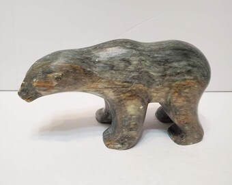 Vintage Inuit Art Carved Stone Polar Bear Sculpture, Signed Soapstone Serpentine