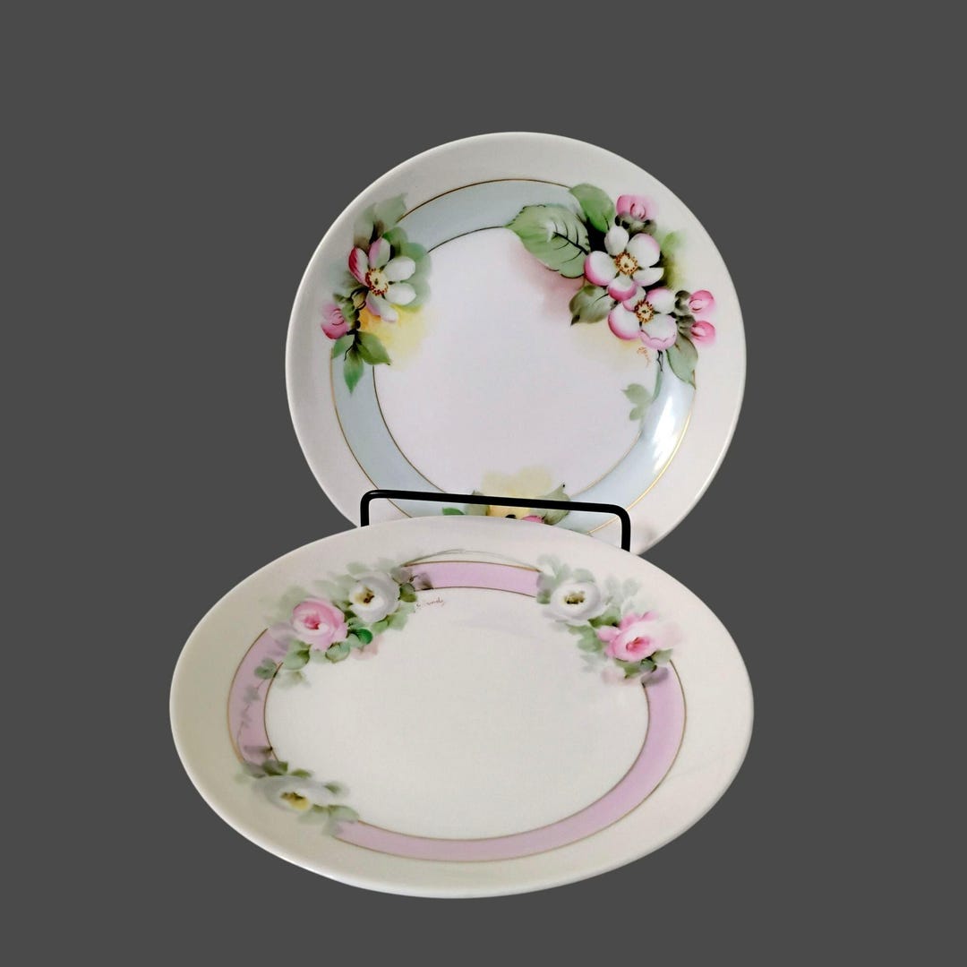 Antique Hand Painted Artist Signed Ginori Floral Plates, Set of 2