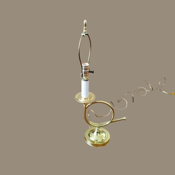 Vintage French Horn Brass Table Lamp 25" with Harp & Finial, Trumpet, Bugle, MCM