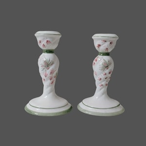 Pair of Italian Ceramic Candlestick Holders, Pink Flower Decoration, Handpainted Candlesticks, Vintage Candle Holder, Floral Pottery, Italy