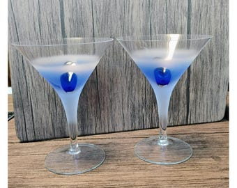 Block Martiniglas Set med 2 frostade blåa Rainy Day Art Glass Barglas