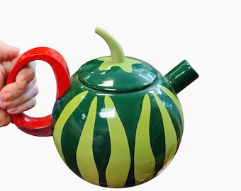 Vintage COPCO Green Enamel Watermelon Tea Kettle 2.5 Quart Red Handle Teapot