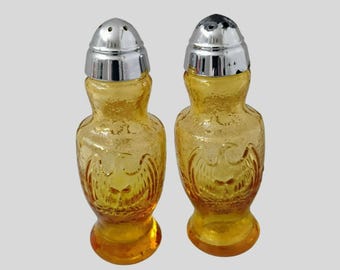 Kanawha Glowy Amber Glass Salt Pepper Shakers, Eagle, Chrome Tops, 1976 Bicentennial, Vintage Americana