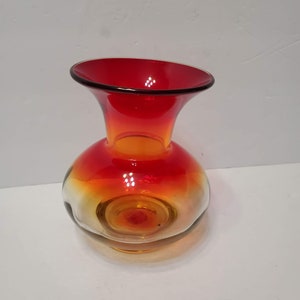 Vintage Blenko Art Glass Hand Blown Amberina Vase, 6 Inch Tall Bulbous Vase, Orange and Yellow Glass, Blenko, Amber Glass