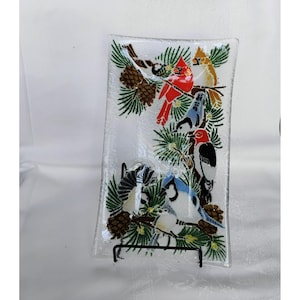 PEGGY KARR Fused Art Glass Bird Tray. Handcrafted Rectangular Plate Platter Winter Cardinal Signed 10x6