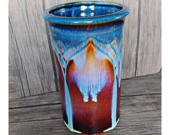 Bill Campbell Lotus Drip Glaze 8.5” Art Pottery Utensil Holder Crock Vase Blue Brown