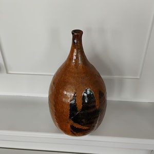 Vintage Style NC Studio Pottery Vase Bottle 9.5" Signed Jeff Manganese Drip Glaze, Handmade Ceramic Earth Tones Metallic Finish