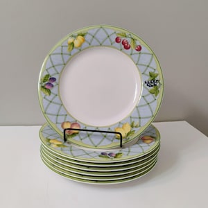 Mikasa Fruit Rapture Lunch Salad Plates, Set Of 7, Y4001, Casual Classics, 8 inch, Fruit Decor, Vintage China, Retro Kitchen, Lemon, Cherry