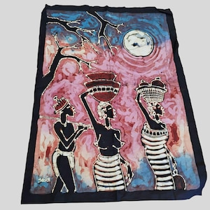 Hand-Painted African Batik Fabric, Batik Wall Hanging, Tribal Decor, Artist Signed Batik, 25x35, Women Carrying Baskets, Tapestry Art