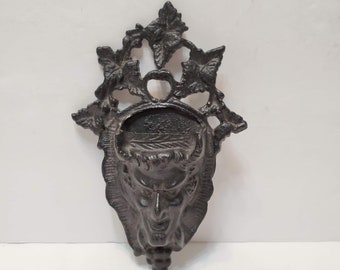 Vintage COZZI Cast Iron Devil Match Holder, Bacchus Figure, Beelzebub Face, Devil Figure, Grapes Decor, Match Holder, Cast Iron Wall Decor