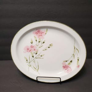 Stonehenge Midwinter Invitation Oval Serving Platter, Floral, Stoneware, Pink Carnation, 12 inch Platter, Oven To Table, Retro 1970s