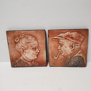 Antique Ceramics Wall Art Tiles, Alice Cranston Fenner, 1943, Grandpa, Grandma, Pottery Plaque, Art Pottery