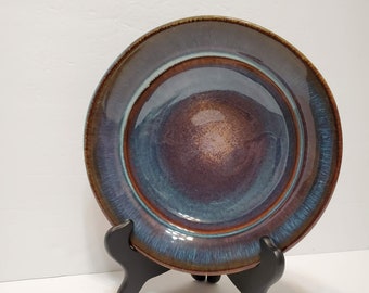 Bill Campbell Art Pottery Bowl, Signed, Handmade, 9.5" Dish, Drip Glaze, Blue and Brown, Campbell Studios, Bill Campbell, Studio Pottery