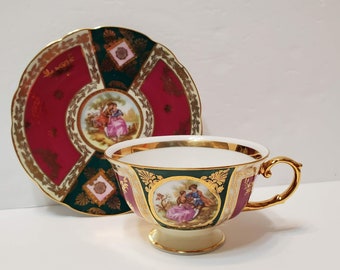 Vintage JKW Germany, Tea Cup and Saucer, Carlsbad, Fragonard, Courting Couple, Gold Red Green, JKW Teacup, Germany, Porcelain